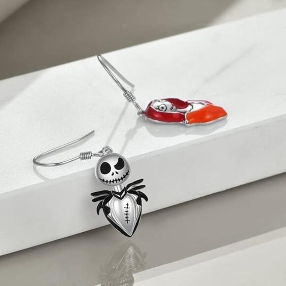 Jack Skellington And Sally Earrings Sterling Silver Skull Nightmare Earrings - Picture 2 of 5